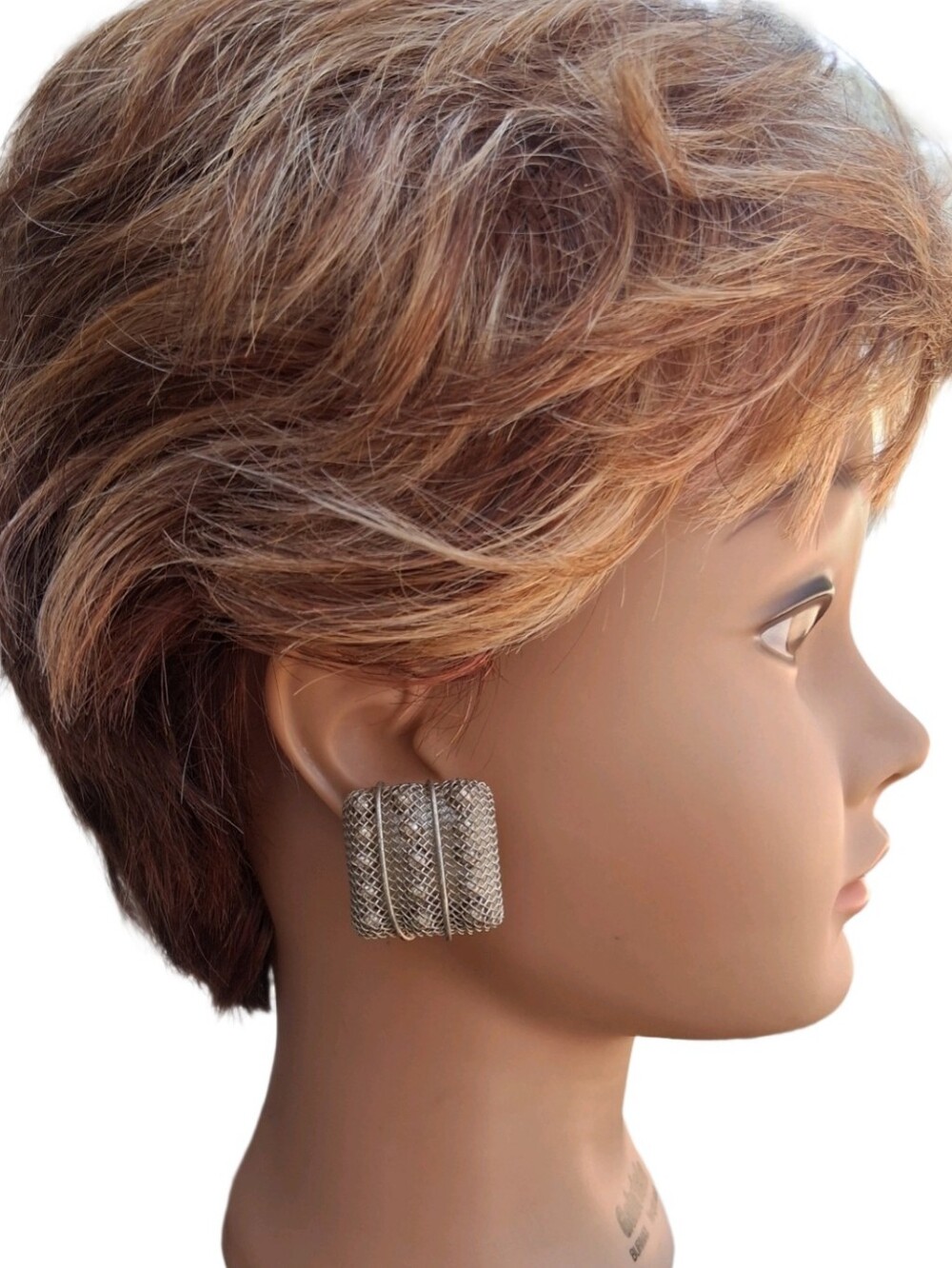 Vintage Silver Wire Mesh Square Clip On Earrings